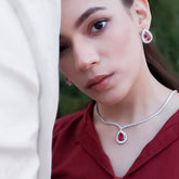Ruby Allure Platinum Plated Jewelry Set with drop pendant, earrings, and necklace